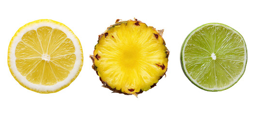 citrus fruits sliced lemon pineapple lime on transparent background