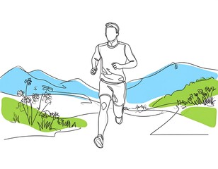 Single-line drawing of a runner in a scenic landscape