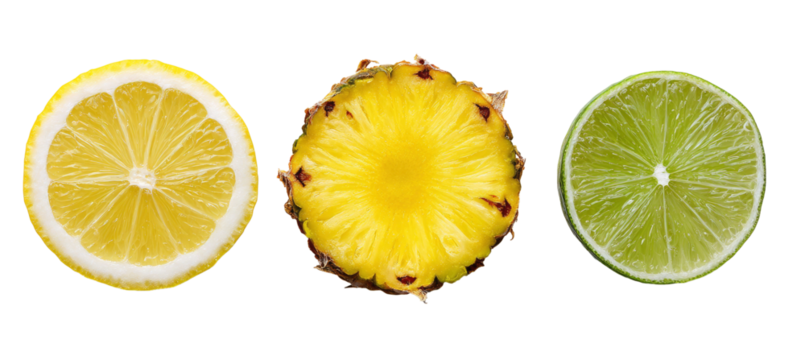 citrus fruits sliced lemon pineapple lime on transparent background
