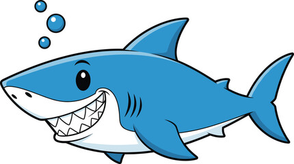 Smiling cartoon shark underwater with bubbles vector illustration featuring friendly expression, sharp teeth, and playful marine character for children’s content