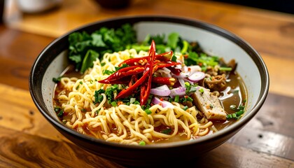 A bowl of flavorful instant noodles with a vibrant array of ingredients sits on a wooden table, showcasing a rich and spicy broth.