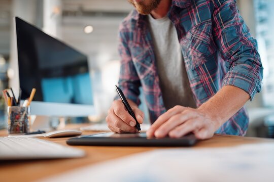 Edited photo of a man working with a graphic tablet in an office