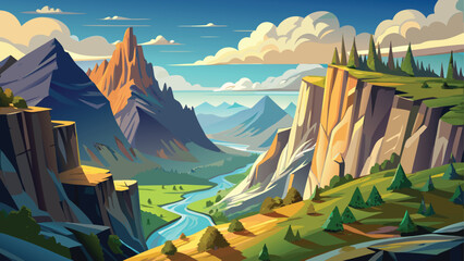 Panorama of a majestic mountain landscape with a verdant valley, jagged peaks, and a cloudy sky © Nayeem Sheikh