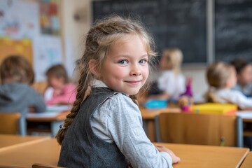 Elementary school girl sits sideways at her desk during a lesson