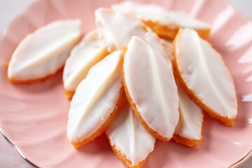 Homemade Calissons. Traditional French sweets on a plate.