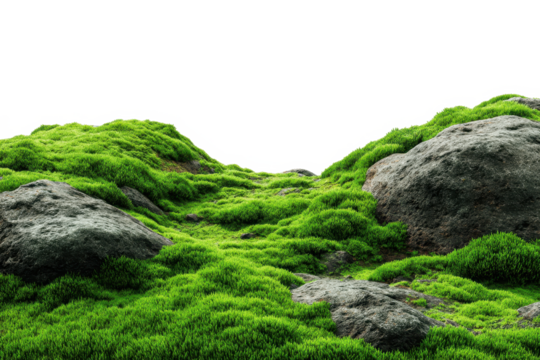 green moss and stone, Green grass or moss over rocks isolated on transparent background, green grassy hills for poster banner cover design