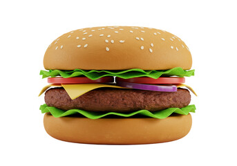 Isolated big delicious burger with sesame bun, meat patty, cheese, fresh lettuce, tomato
