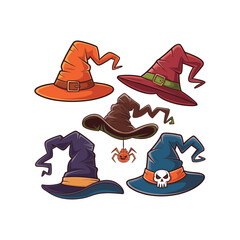 Cartoon Halloween Witch Hats Set with Buckles, Skulls, and Spider Isolated on White