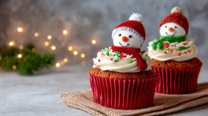 Two festive Christmas cupcakes, each topped with a snowman figure, white frosting, and colorful sprinkles, sit on a burlap mat against a bokeh light background