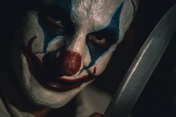 Frightening mask A man wielding a kitchen knife