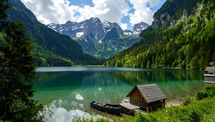 Serene mountain lake with wooden cabins and a tranquil atmosphere. A boat rests on the glassy water, reflecting the surrounding peaks.