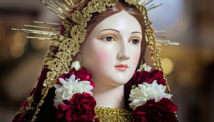 Fototapeta premium Close-up of the Virgin Mary statue, adorned with gold, flowers, and intricate fabrics.