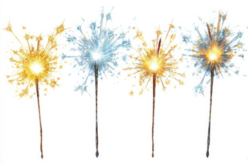 Happy New Year celebration party fireworks sparkler PNG set, cutout isolated on white background. Gold yellow and blue colors