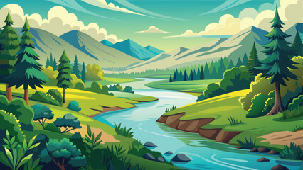 A tranquil summer landscape view of majestic green mountains, a lush valley, and a peaceful river under a cloudy sky © Nayeem Sheikh