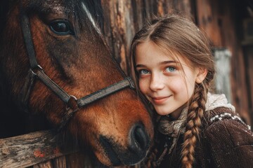 Girl joyfully observing her chestnut horse