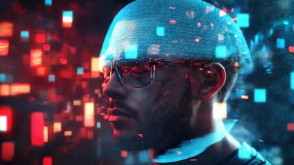 Asian male wearing virtual reality headset surrounded by digital graphics and binary code projections - Powered by Adobe