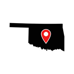 Fototapeta premium Oklahoma state silhouette graphic with a pinpoint marker indicating a central location