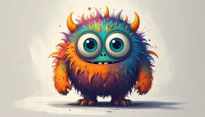 Fototapeta premium A vibrant, fluffy monster with large eyes and a cheerful expression stands out against a light background.