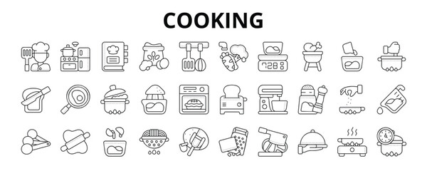 30 Cooking Line Icons Vector - Chef, Grill, Pour water, Toaster, Seasoning, Measuring Cup, Rolling pin, Time Cook