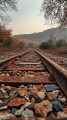 Rusty railway tracks disappearing into a distant mountain range