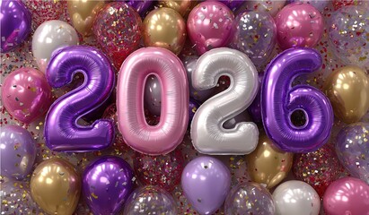 Metallic 2026 numbers surrounded by vibrant balloons and confetti, festive new year celebration design with dynamic party atmosphere