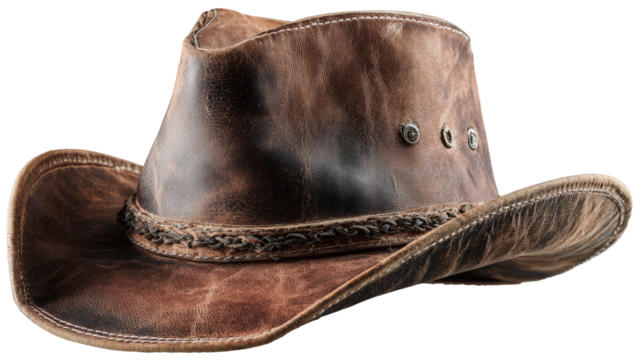 a worn leather cowboy hat with rugged texture on transparent background