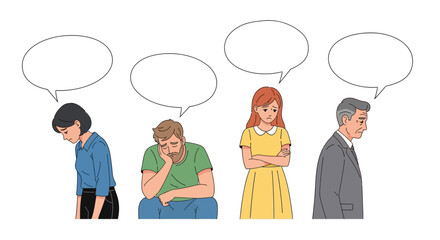 Illustration depicting stress and mental health issues across generations with speech bubbles