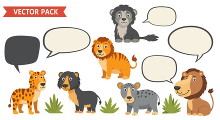 Adorable cartoon vector pack featuring jungle cats with playful expressions and speech bubbles