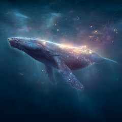 Majestic glowing whale swimming through a cosmic ocean, blending starlight and galaxies in a surreal dreamlike scene.