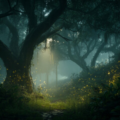 Mysterious forest in the morning