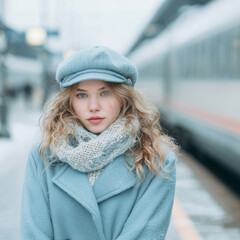 Stylish young woman in a pastel blue coat and hat standing at a snowy train station, exuding calm winter elegance and soft natural beauty.