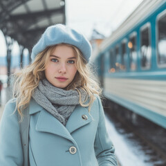 The girl in blue, waiting for the train at the icy train station