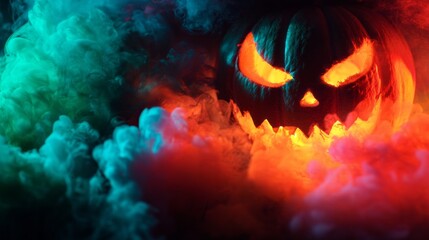 Fototapeta premium A pumpkin with a scary face is surrounded by smoke