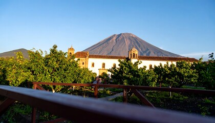 Majestic volcano view, orchard foreground