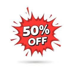 Eye-catching red comic-style burst graphic prominently displaying a 50% discount, ideal for captivating sales promotions, limited-time offers, and marketing campaigns