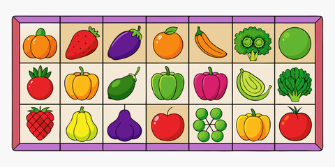 A colorful, neatly organized grid of fruits and vegetables arranged by color gradient from red to purple. Each row displays a variety of fresh produce like tomatoes, carrots, bananas, apples, grapes, 