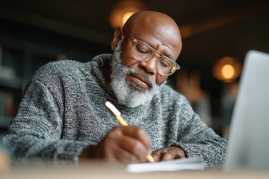 Older Man Writing. Senior African American Man Taking Notes on Laptop for Work Indoors