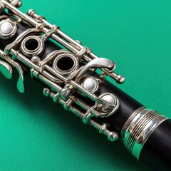 Obraz premium Close up of a silver and black flute against a teal background