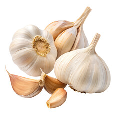 Closeup of several whole garlic bulbs and loose cloves, isolated on a clean transparent background, highlighting the distinct segments and papery skin