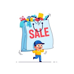 Sale Shopping A Little Boy Carries a Giant Bag Full of Goods and Gifts