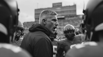 Football coach giving instructions to players during game strategy planning motivation leadership teamwork and sports management training session concept