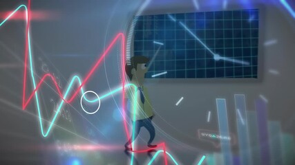 Animation of financial data and graphs over cartoon man walking