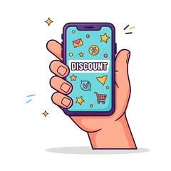 A hand holding a smartphone displaying various shopping and discount icons, perfect for online retail promotions and sales advertising