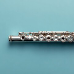 Fototapeta premium Close up view of a silver flute against a light blue backdrop. The flute's details are sharply in focus.
