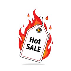 Dynamic illustration of a hot sale price tag engulfed in vibrant flames, symbolizing urgent promotions, significant discounts, and limited-time special offers designed to attract eager customers