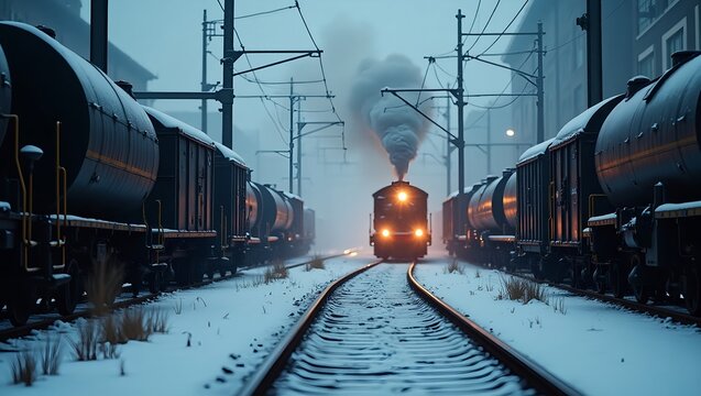 Industrial winter railway station scene with freight trains, cargo wagons, snowy rails, rising steam, locomotive sparks, cold ambient lighting with warm highlights, cinematic angle - Powered by Adobe