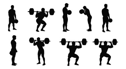 various weightlifting poses demonstrated by silhouetted figures