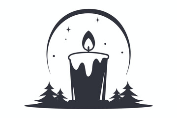 Minimalist Candle with Trees on White Background, Holiday Design