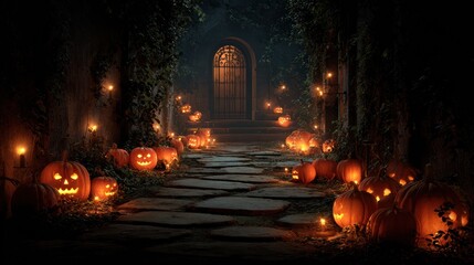 Spooky Halloween Pathway: Lit Pumpkins, Candles, and Mysterious Gate.