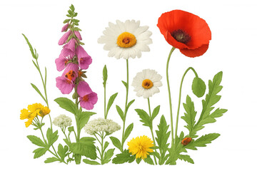 Colorful wildflowers - poppies, daisies, foxgloves - blooming against transparent backdrop, forming cheerful botanical composition